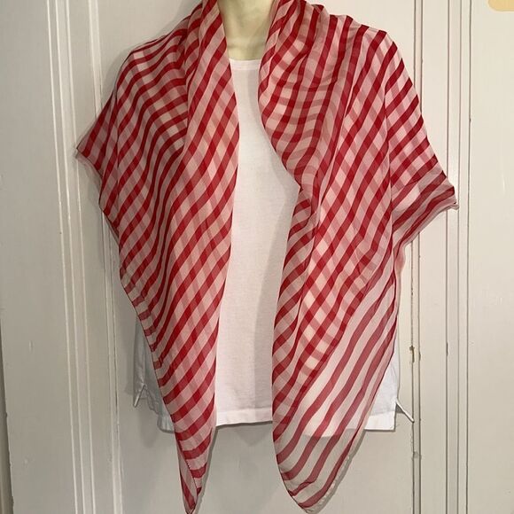 Vtg mid century extra, extra large red/white striped semi sheer polyester scarf - Picture 2 of 9